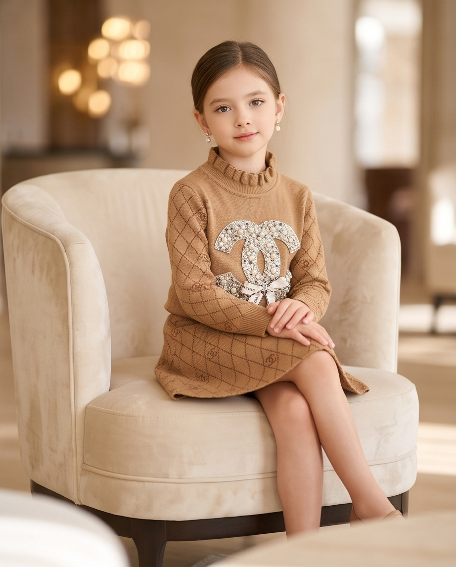 Brown & tan kids sweater and skirt set with diamond pattern and repeating logo