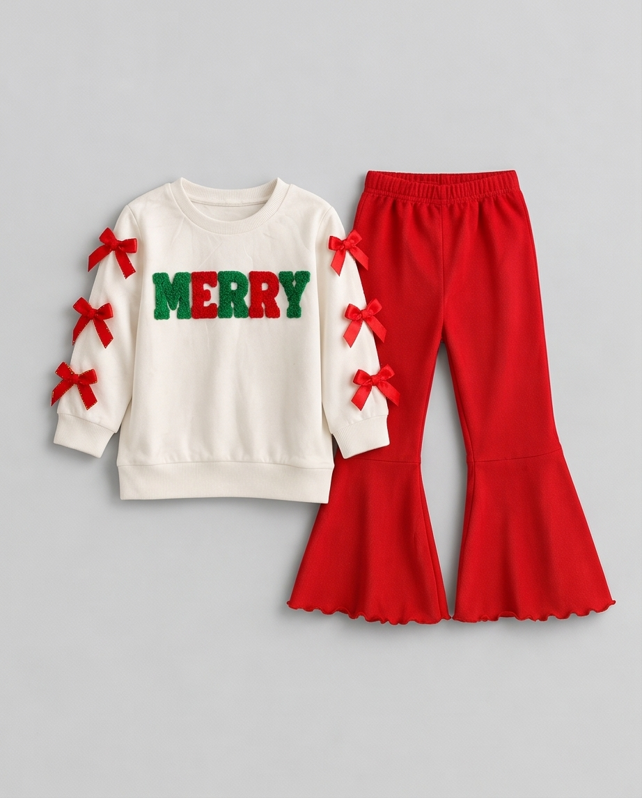 Merry Holiday Sweatshirt & Red Flared Pant Set