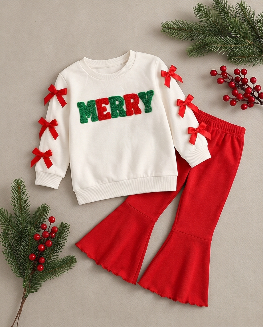Merry Holiday Sweatshirt & Red Flared Pant Set
