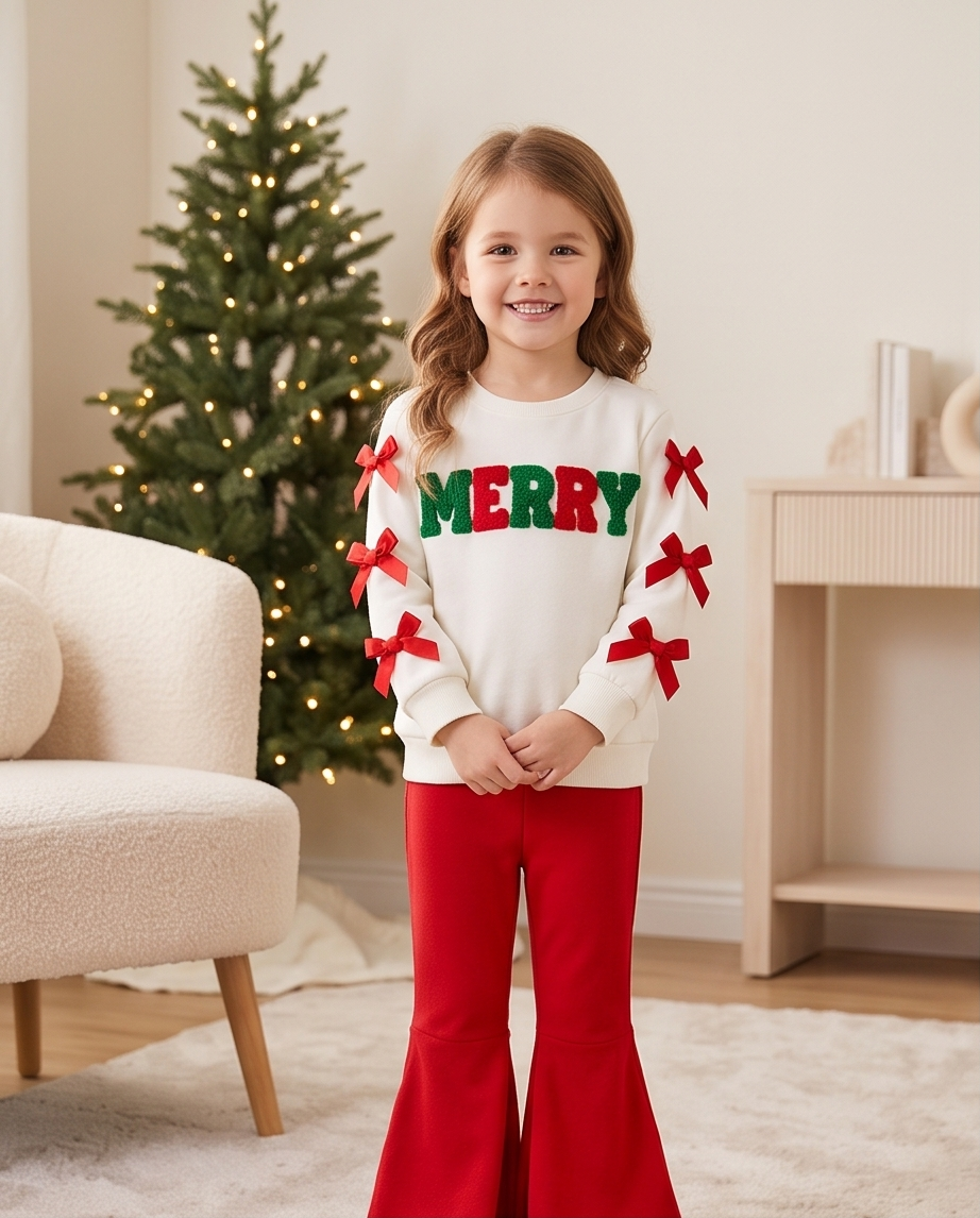 Merry Holiday Sweatshirt & Red Flared Pant Set