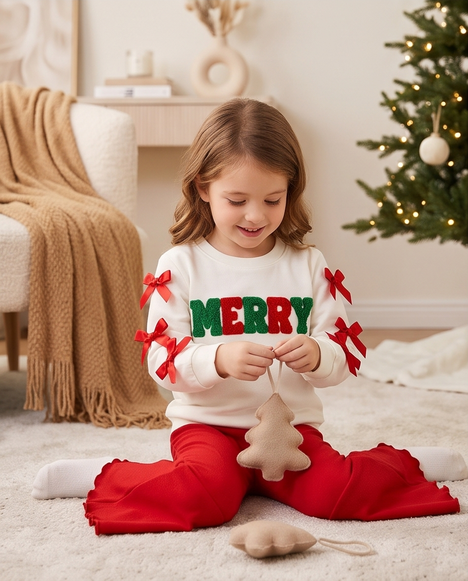 Merry Holiday Sweatshirt & Red Flared Pant Set
