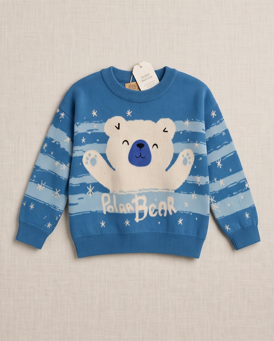 Blue and white striped cotton sweater with white polar bear graphic and 'Polar Bear'