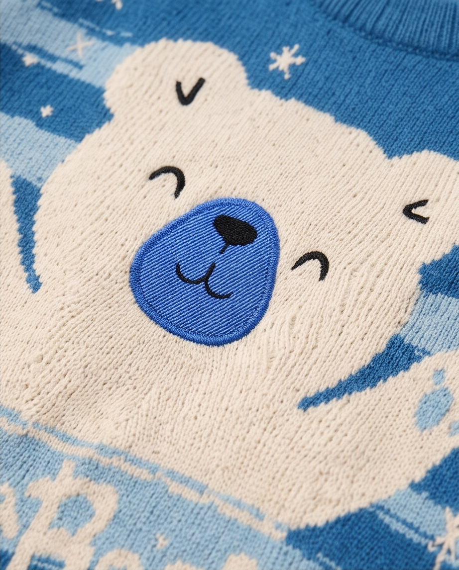 Blue and white striped cotton sweater with white polar bear graphic and 'Polar Bear'