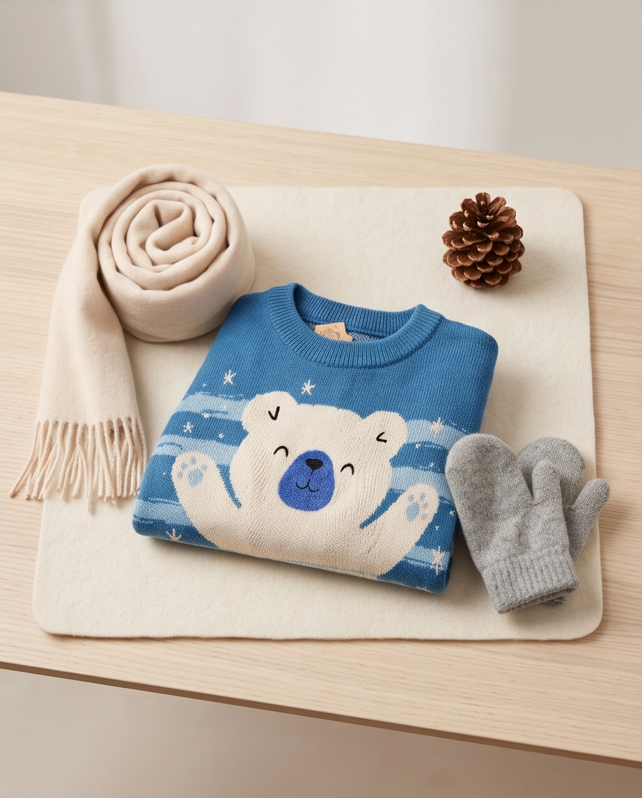 Blue and white striped cotton sweater with white polar bear graphic and 'Polar Bear'