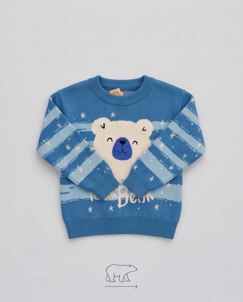 Blue and white striped cotton sweater with white polar bear graphic and 'Polar Bear'