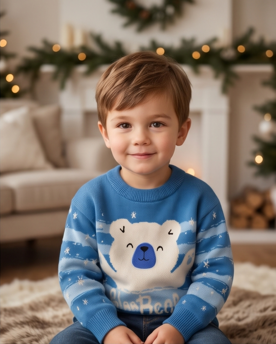 Blue and white striped cotton sweater with white polar bear graphic and 'Polar Bear'