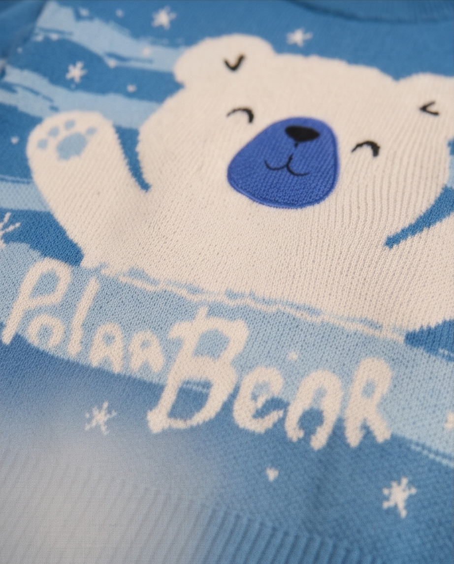Blue and white striped cotton sweater with white polar bear graphic and 'Polar Bear'