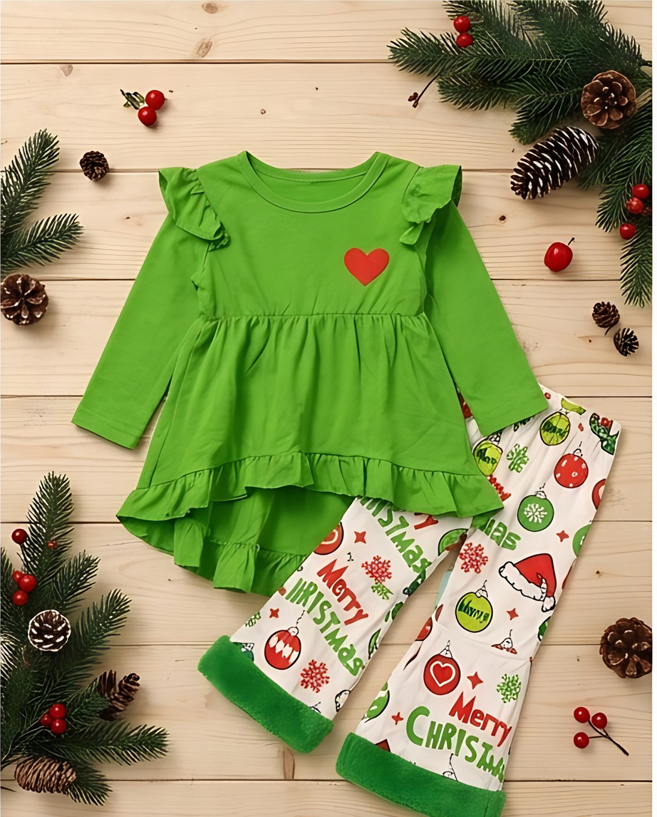 Girls' Green Ruffle Holiday Grinch Two Piece Set Fur Decor Pants