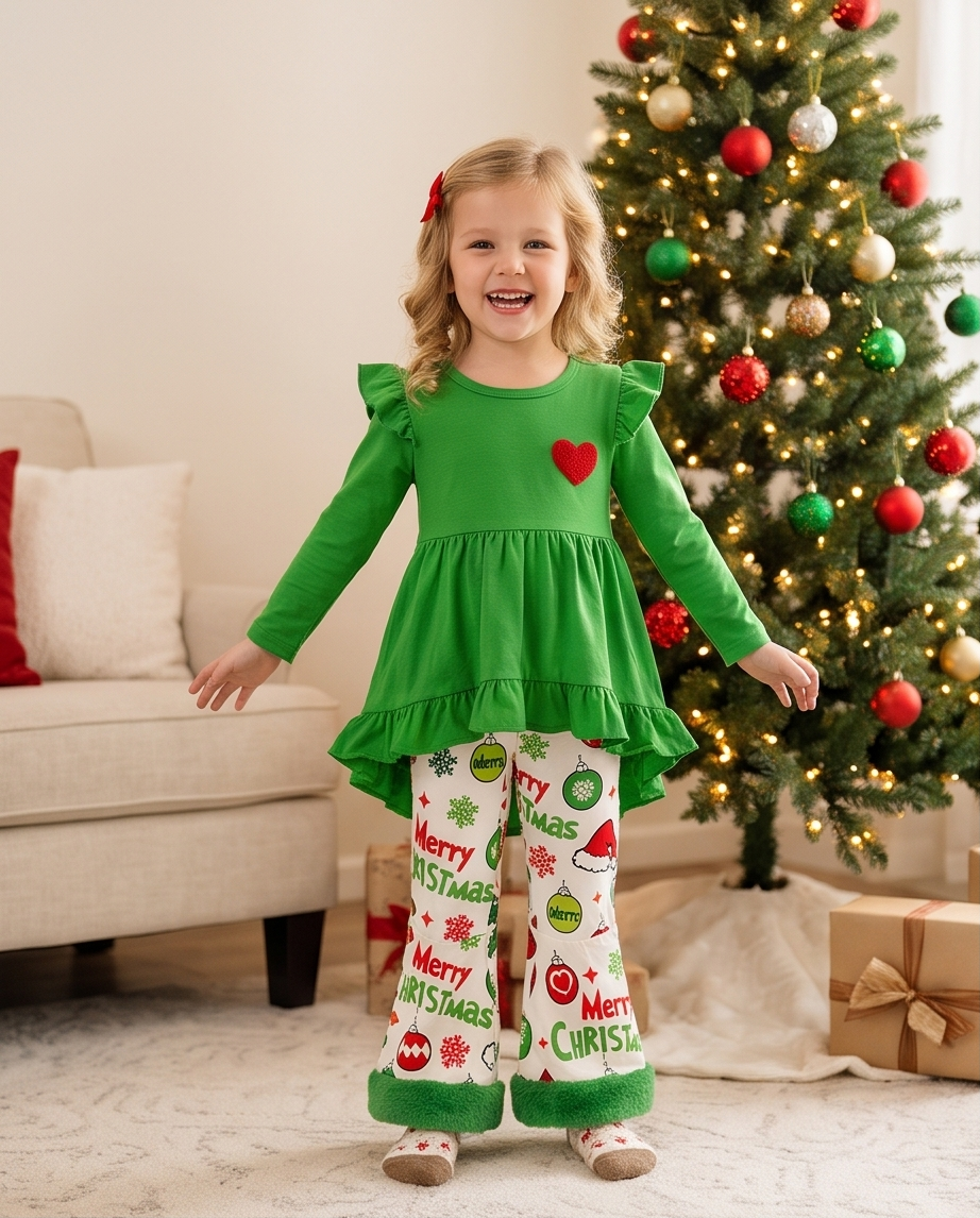 Girls' Green Ruffle Holiday Grinch Two Piece Set Fur Decor Pants