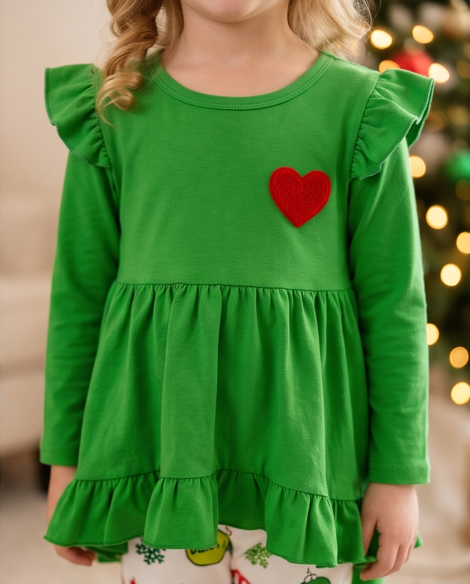 Girls' Green Ruffle Holiday Grinch Two Piece Set Fur Decor Pants