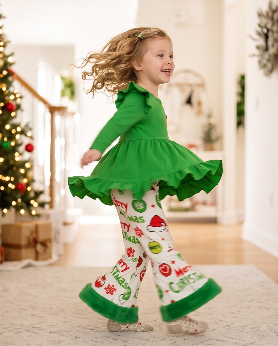 Girls' Green Ruffle Holiday Grinch Two Piece Set Fur Decor Pants