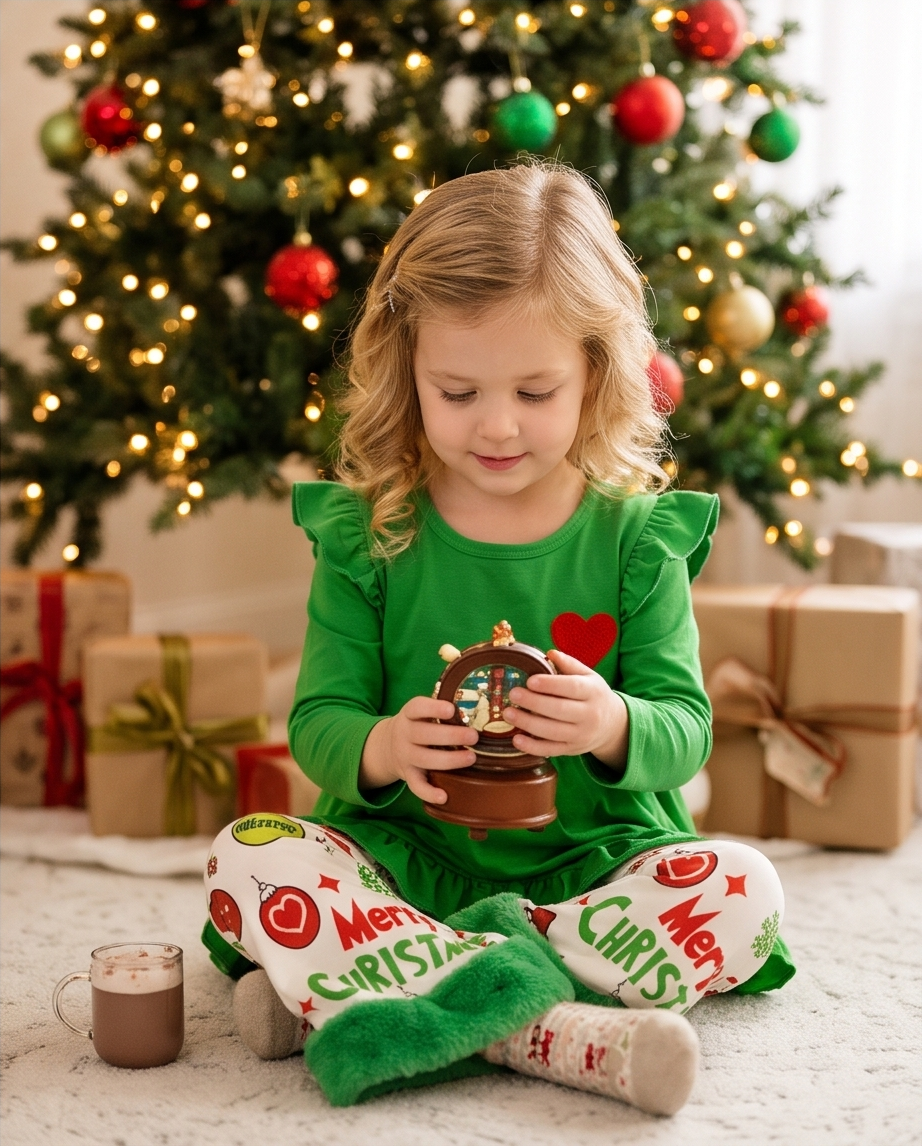 Girls' Green Ruffle Holiday Grinch Two Piece Set Fur Decor Pants
