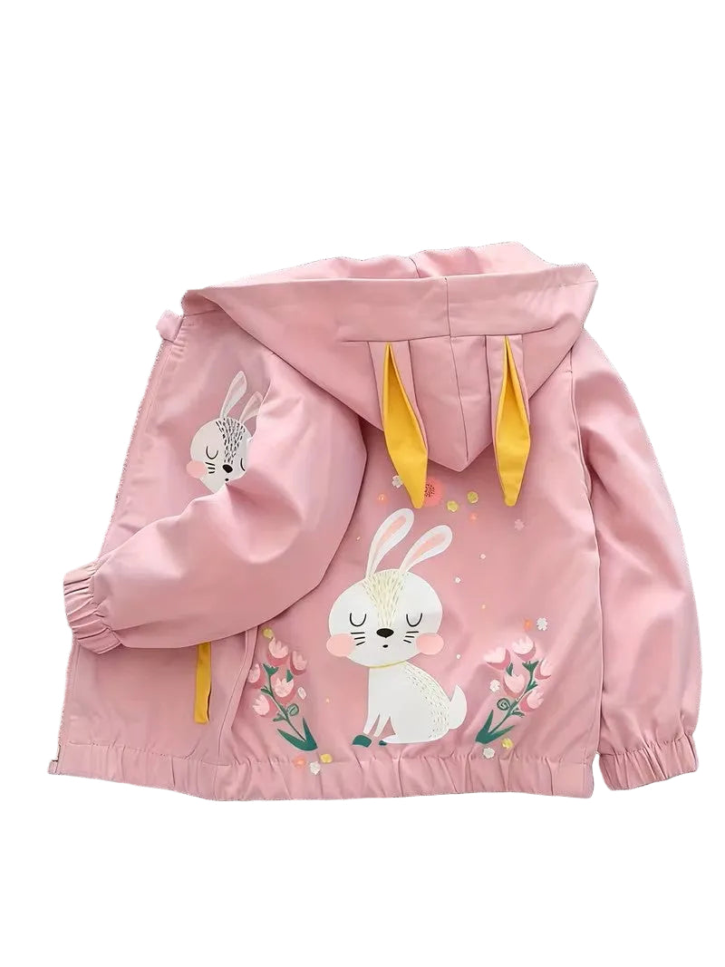 Pink children's jacket with bunny design on a white background