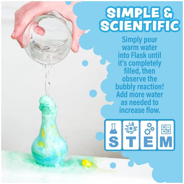 STEM experiment with a flask and blue liquid, text explaining the process.
