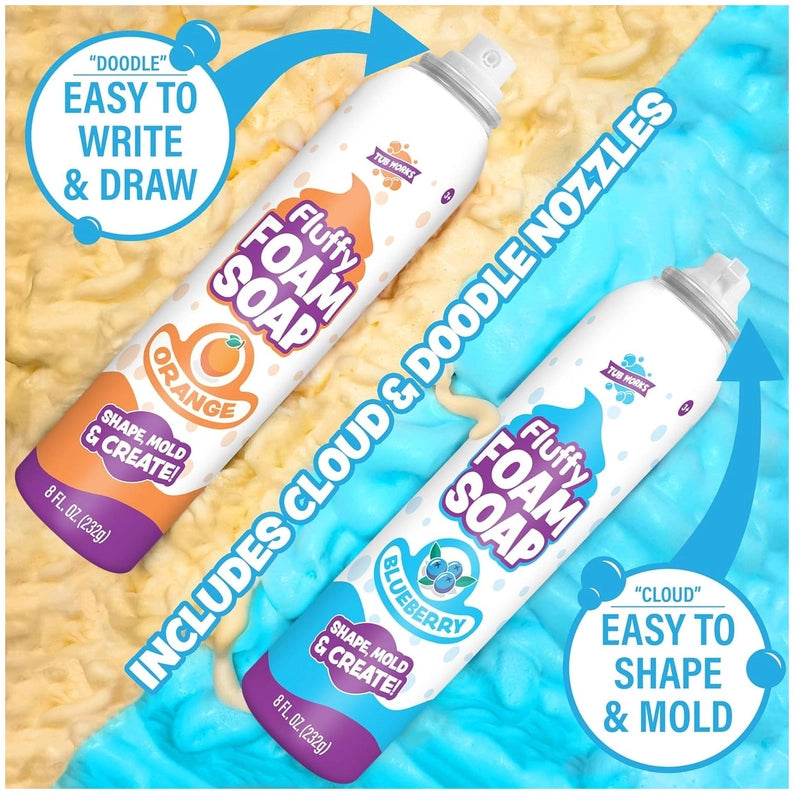 Two bottles of Fluffy Foam Soap with cloud and doodle nozzles on a foam background.