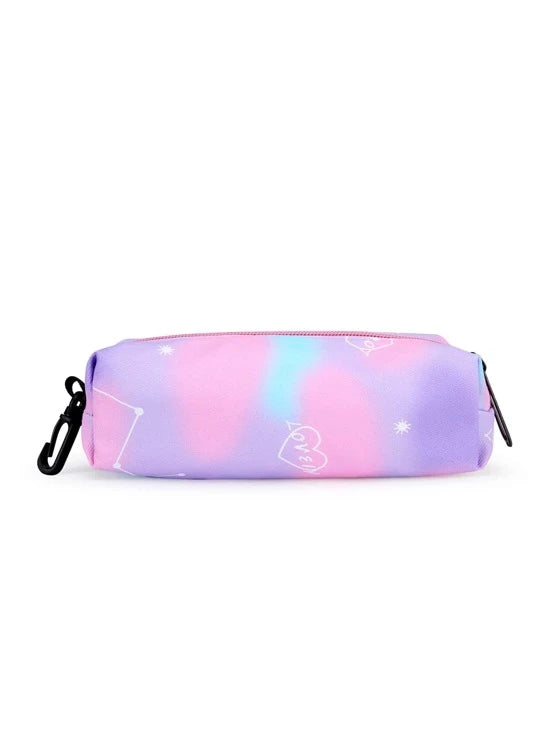 Multicolored pencil case with a brand logo on a white background