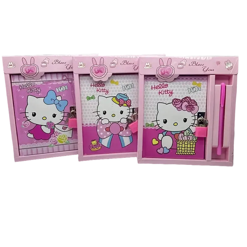 Three Hello Kitty stationery sets with pink packaging on a gray background
