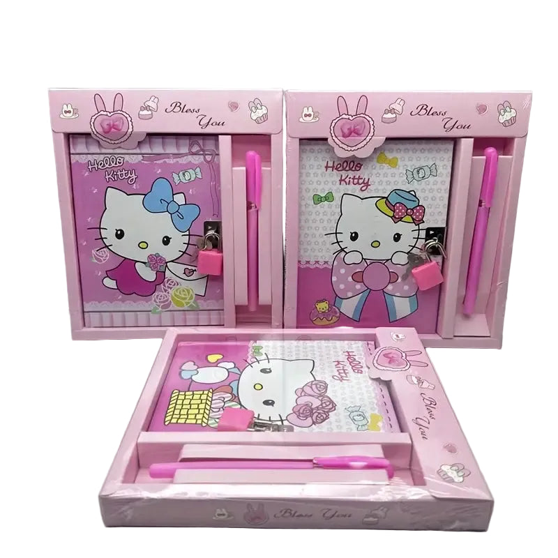 Hello Kitty stationery set with notebooks, pen, and notepad in a pink box on a white background