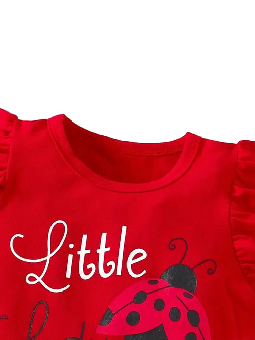 Red shirt with 'Little' and a ladybug design on a white background