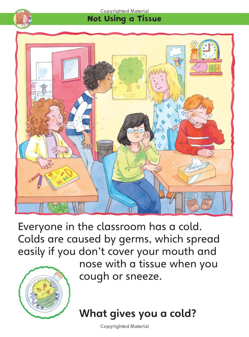 Illustration of children in a classroom with a focus on hygiene, specifically using tissues.