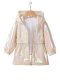Holographic jacket on a hanger against a white background