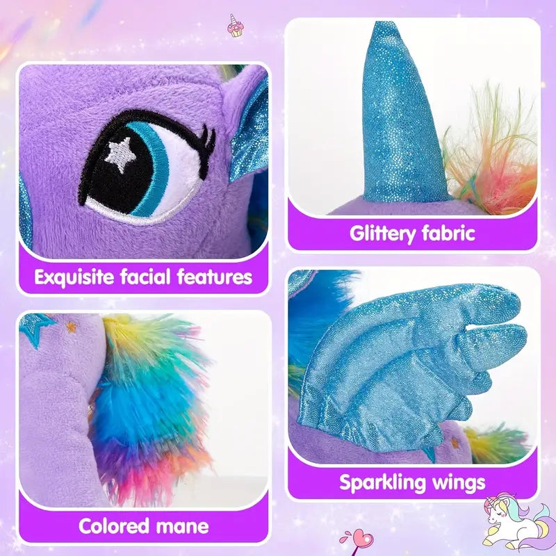 Plush toy with glittery fabric, sparkling wings, and colored mane on a purple background