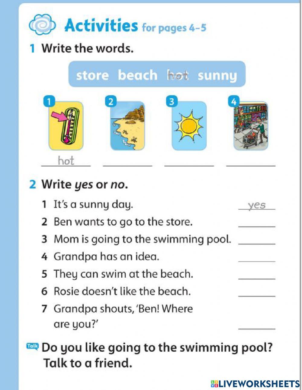 Educational worksheet with vocabulary and comprehension exercises for children, featuring images of a thermometer, beach, sun, and store.
