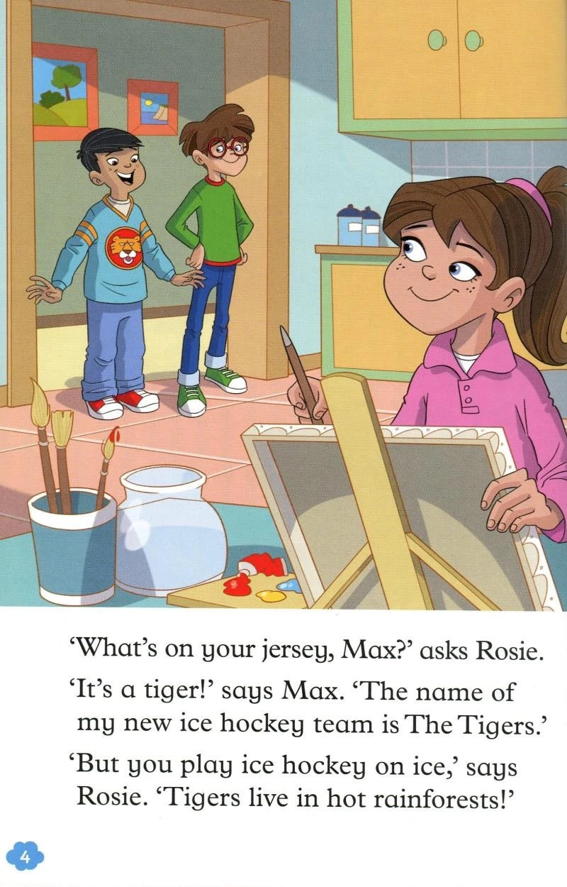 Cartoon children in a kitchen with a girl painting, discussing a tiger jersey.
