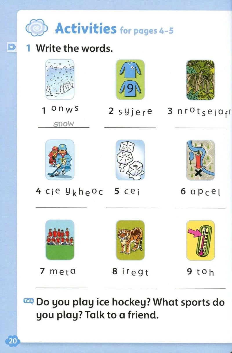 Educational page with word writing practice and illustrations of sports-related items.