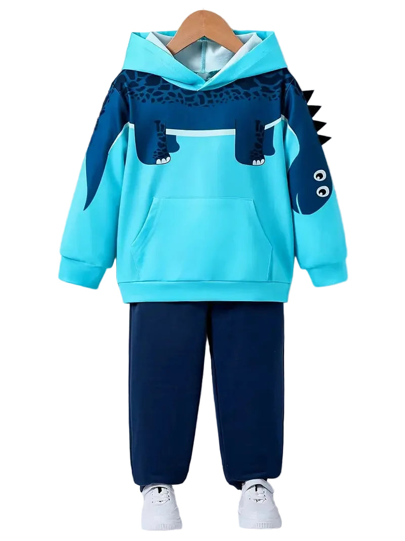 Children's blue hoodie and navy pants set with dinosaur design on a white background