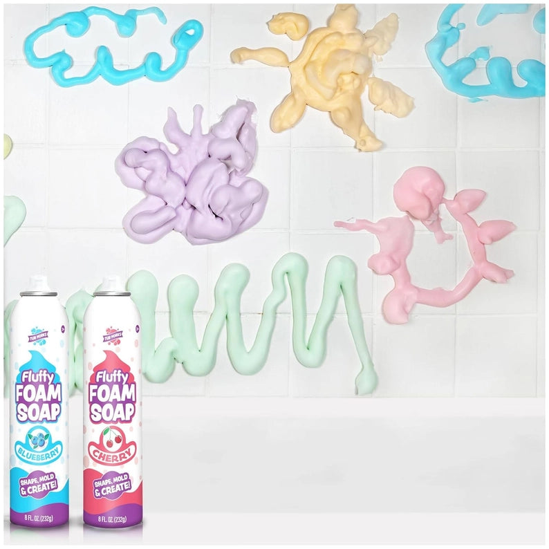 Fluffy Foam Soap cans with foam creations on a white background