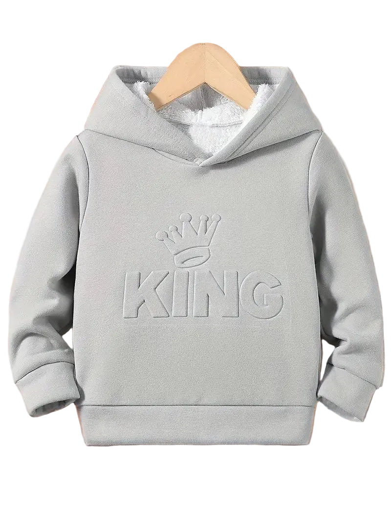 Gray hoodie with 'KING' text and crown graphic on a white background