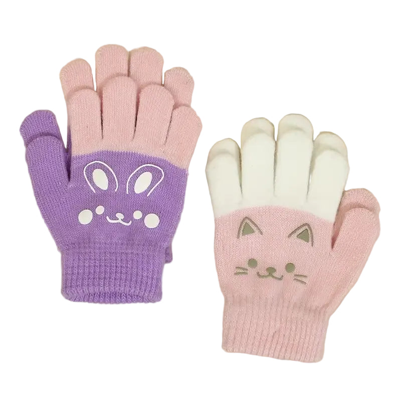 Pair of gloves with cat and rabbit designs on a beige surface