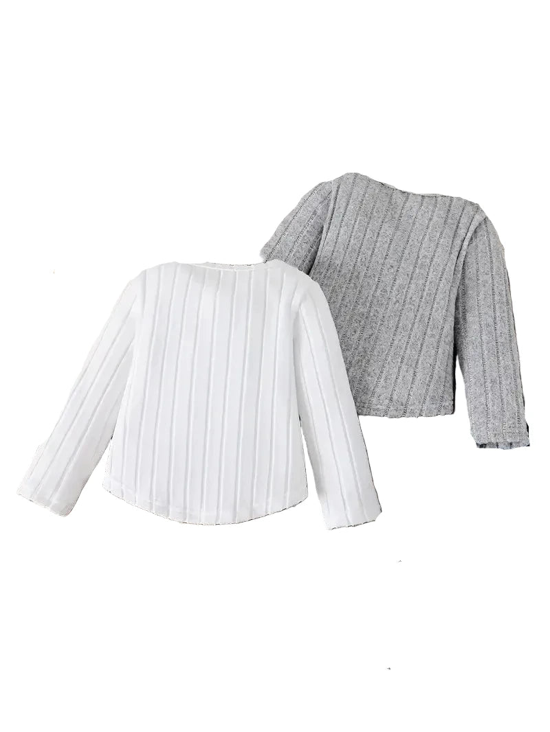 Two ribbed knit cardigans, one white and one gray, on a white background.