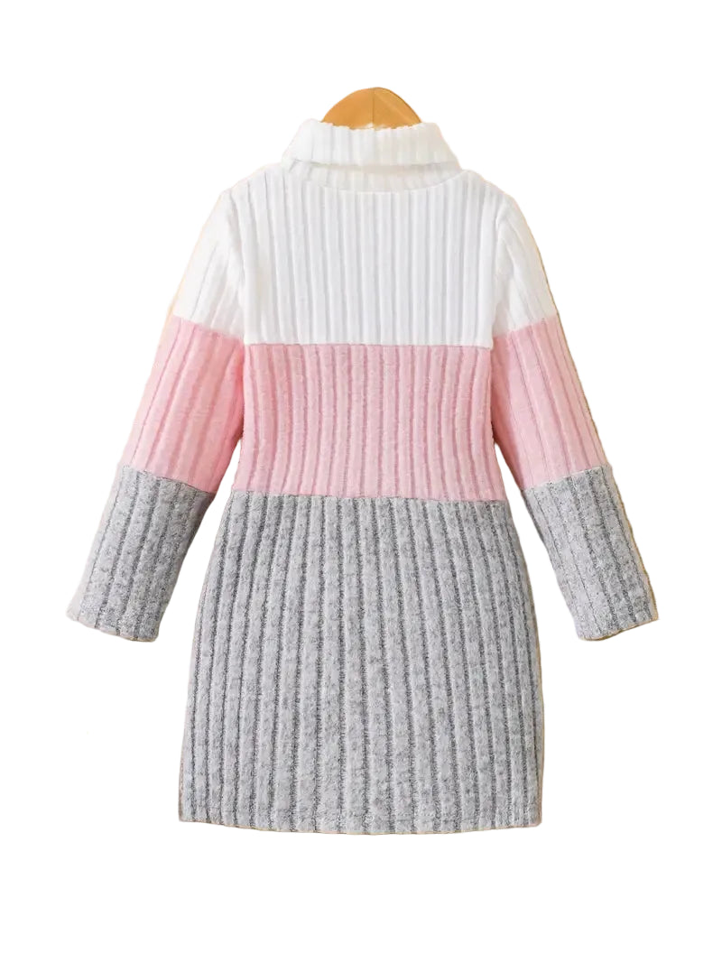 Color-blocked sweater dress with pink, gray, and white sections on a white background