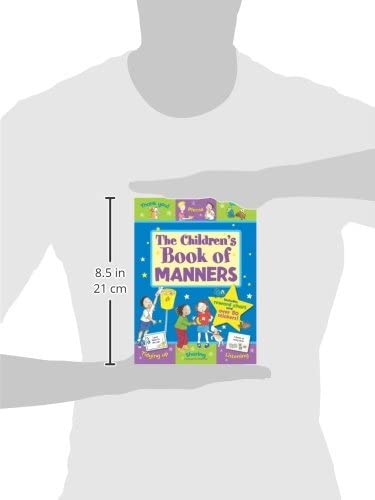 Children's book of manners held by a person with dimensions indicated