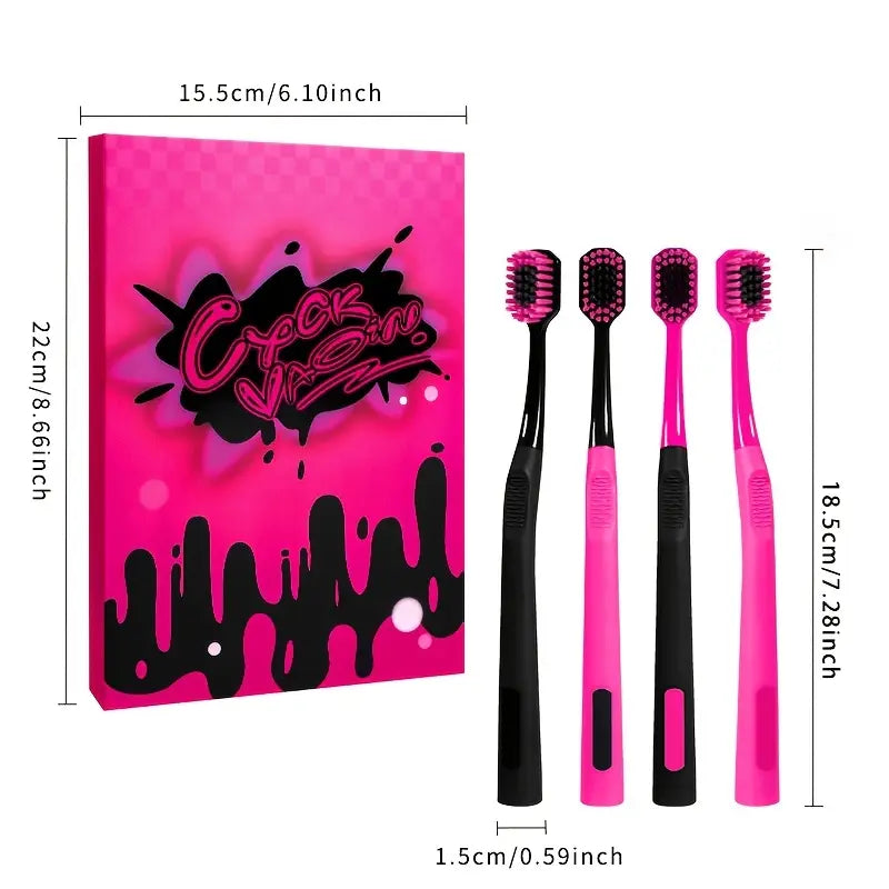 Set of pink and black toothbrushes with packaging on a white background