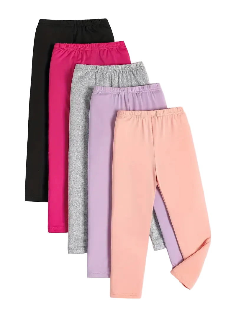 Set of colorful leggings in black, pink, gray, purple, and peach on a light background.