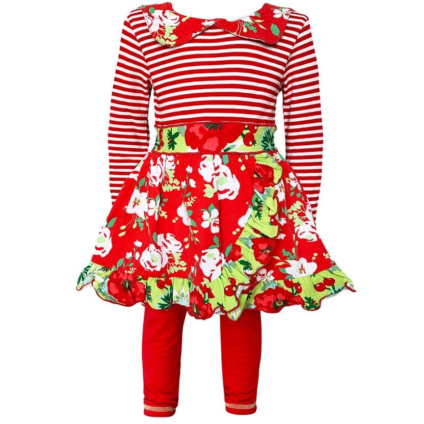 Red and white striped top with floral skirt and red pants on a white background