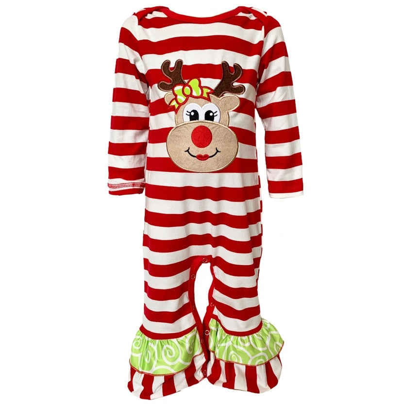 Baby Girls Christmas Romper Reindeer Red Stripes Delight