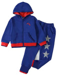 Children's blue and red hoodie and pants set with star design on a white background