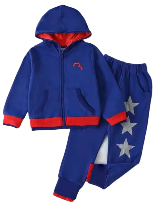 Children's blue and red hoodie and pants set with star design on a white background