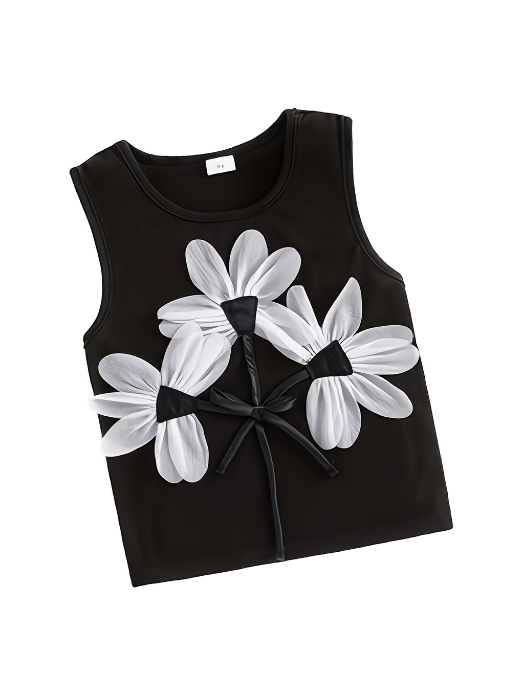 Black tank top with white floral designs on a white background