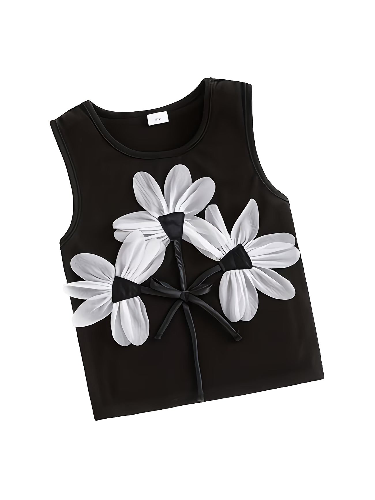 Black tank top with white floral designs on a white background