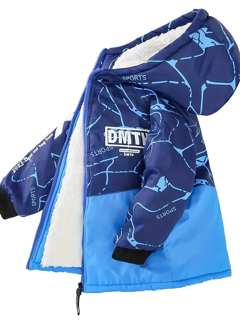 Blue and navy patterned jacket with white interior on a white background