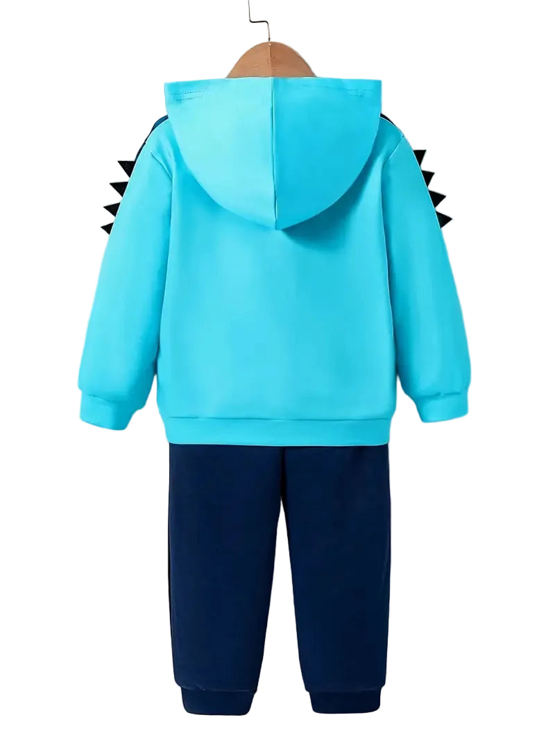 Children's blue hoodie and navy pants set with shark design on a white background