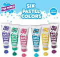 Set of six pastel-colored bath paint soap tubes with Tub Works branding on a blue background.