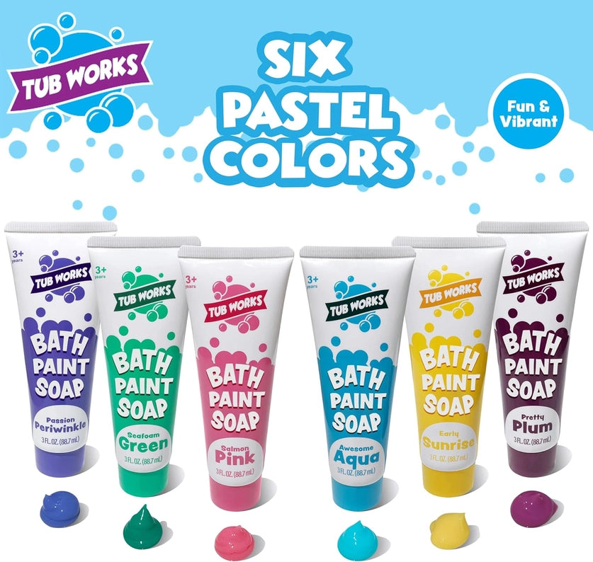 Set of six pastel-colored bath paint soap tubes with Tub Works branding on a blue background.
