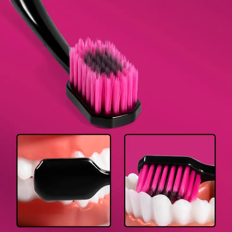 Black toothbrush with pink bristles on a magenta background, showing close-ups of bristle contact with teeth.