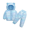 A blue shiny snowsuit set consisting of a hooded jacket and pants, laid out on a white background.